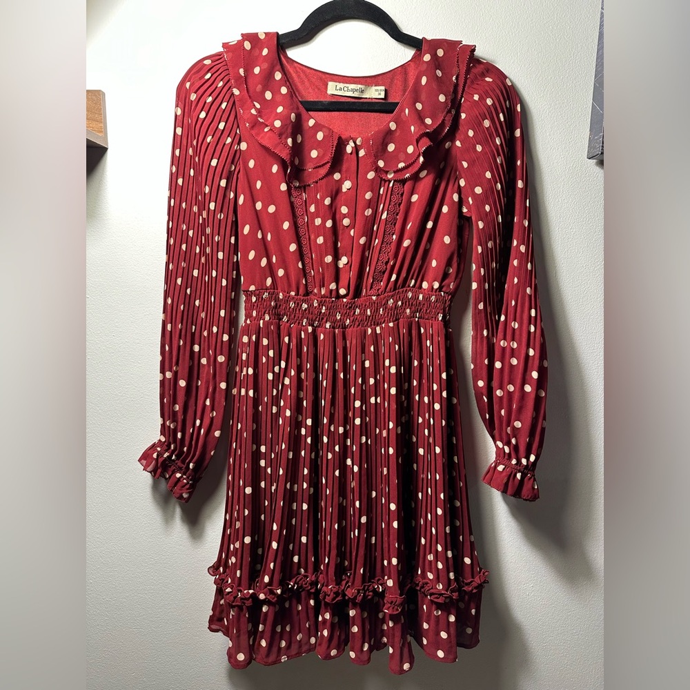 VTG La Chapelle Dress Polka Dots Pleated Skirt Retro Tradwife 40s 60s Twee Girly